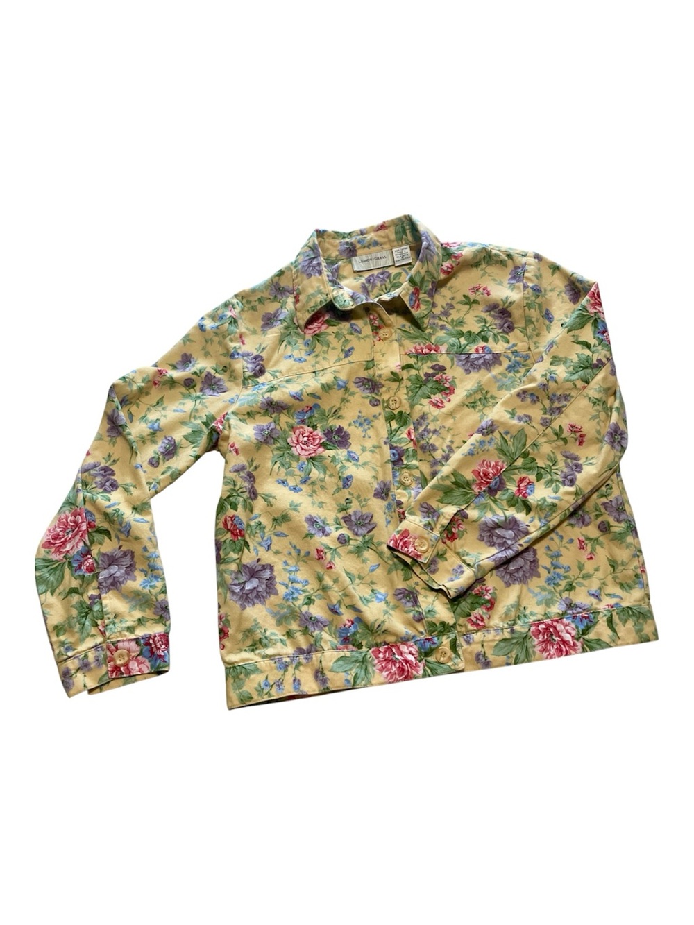 Cottage Core Cotton Floral Button-Front Shirt Jacket in Yellow